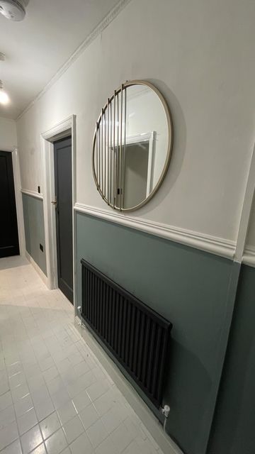 Feature Wall Landing, Lounge With Dado Rail, Dado Rail Hallway Paint Wall Colors, Hallway Sage Green, Dado Hallway, Hallway Dado Rail Colour Schemes, Hallway Dado Rail, Sage Green Hallway, Dado Rail Living Room