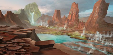 Oasis, Miloš Radojkić on ArtStation at https://www.artstation.com/artwork/g6obK Dnd Scenery, Fantasy Scenery, Alien Landscape, Egypt Concept Art, Location Design, Landscape Reference, Fantasy Maps, Location Inspiration, Game Environment