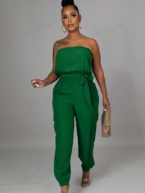 SHEIN SXY Women Fashion Solid Color Strapless Jumpsuit | SHEIN USA Classy Jumpsuit, Jumper Outfit, Solid Color Jumpsuits, Gold Outfit, Golf Attire, Green Jumpsuit, Strapless Jumpsuit, Classy Casual Outfits, Classy Casual