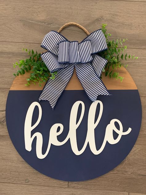 Navy and white, laser cut hello makes this a sign you will want to show off on your front door. #doorhanger #doordecoration Round Front Door, Round Door Hangers, Wood Door Sign, Navy Paint, Front Door Hanger, Gold Door, Hanger Door, Front Door Sign, Fall Door Decorations