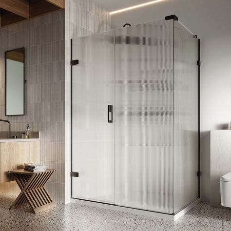 Liberty Hinged Door with in-line panel with fluted glass Half Glass Shower Door, Modern Exterior Door, Glass Bathroom Door, Exterior Door Styles, Glass Shower Wall, Glass Shower Doors Frameless, Traditional Bathroom Designs, Reeded Glass, Glass Shower Enclosures