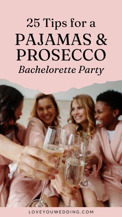 Planning a pjs and prosecco bachelorette party? We’re sharing the best pajamas and prosecco bachelorette party ideas, games, décor, invites, outfits, and more! This is the perfect bachelorette party theme that the bride and guests will love. Pjs And Processo Theme, Pjs Pizza And Prosecco, Bachelorette Party Pajamas, Pj And Prosecco Bachelorette, Slumber Party Bachelorette Ideas, Pj Bachelorette Party, Pjs And Prosecco Party, Spa Themed Bachelorette Party, Pajama Bachelorette Party