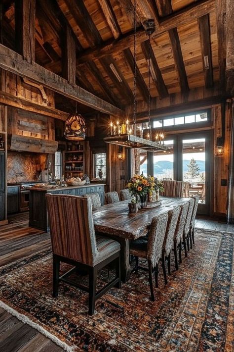 Create a Cozy Space with Rustic Dining Room Inspirations 🍽️✨ Transform your dining area with rustic charm. Use natural materials, vintage accents, and earthy tones for a warm and inviting atmosphere. 🌿🪵 #RusticDiningRoom #HomeDecor #CountryStyle #DiningRoomInspo Cozy Cabin Dining Room, Cozy Dining Room Aesthetic, Tudor Garage, Dining Room Design Rustic, Lodge Dining Room, Cabin Dining Room, Boho Cabin, Winter Lodge, Dining Room Cozy