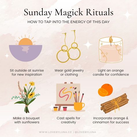 @lovebyluna shared a photo on Instagram: “Sunday Magick 🌞 Did you know that each day of the week has its own magical associations, or correspondences? Being aware of these…” • Mar 13, 2022 at 5:01pm UTC Sunday Magick, Daily Correspondences, Everyday Witchcraft, Magick Rituals, 4 Witches, Witches Kitchen, Witch Rituals, Social Media Website, Witchcraft Spells