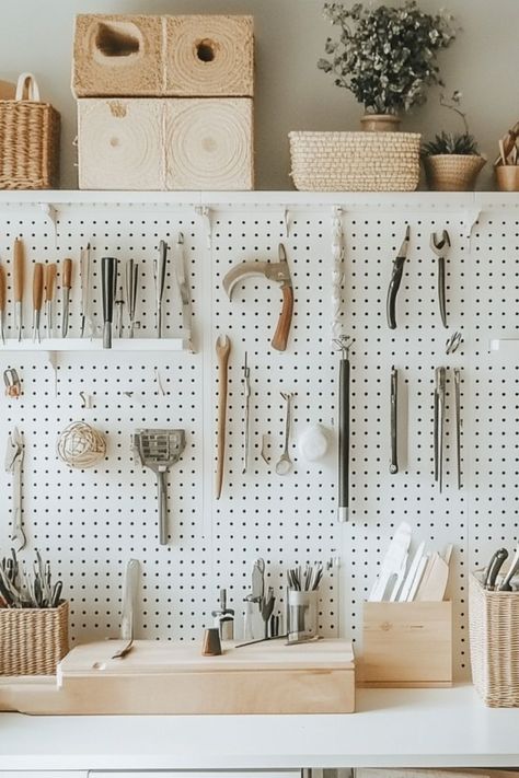 Organize your workspace with a custom DIY pegboard! Perfect for easy access and tool storage in any workshop. #ToolStorage #DIYOrganization #WorkshopIdeas Pegboard For Tools, Peg Board Ideas, Craft Wall Organizer, Pegboard Shelf, Organize Tools, Diy Pegboard, Pegboard Ideas, Pegboard Garage, I Know A Place