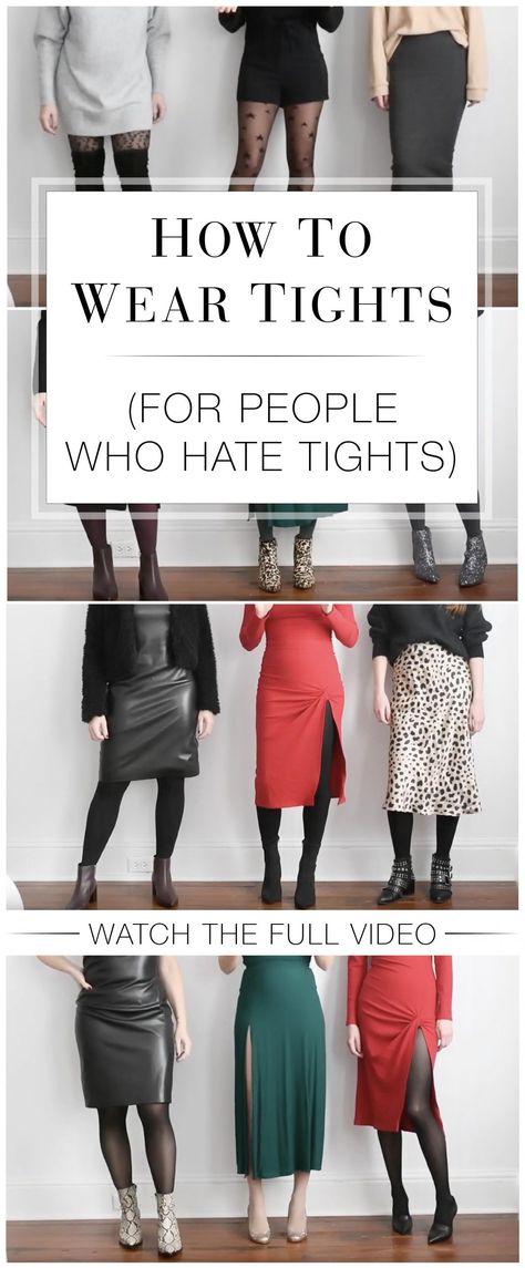 HOW TO WEAR TIGHTS (FOR PEOPLE WHO HATE TIGHTS) | Think tights are an evil necessity? Or evil-y unnecessary? This how to wear tights video is for you. Different kinds of tights, how to wear 'em...we got you. | #TheMomEditStyle #WinterOutfitIdeas #FallOutfitIdeas #HowToWearTights #TightsOutfits #TightsAndSkirtsOutfits #TightsWithDresses #TightsAndHeels #TightsWithShorts #TightsAndBoots #TightsWithOpenToeHeels #DateNightOutfits #DressingUp #ColdWeatherStyle Dresses With Colored Tights, Dress Tights Boots Outfit, Tights And Ankle Boots Outfits, Women’s Outfits With Tights, Dresses And Tights Winter, Winter Dress Outfit With Tights, Dark Tights Light Shoes, How To Wear Patterned Tights, Knee Length Dress With Tights