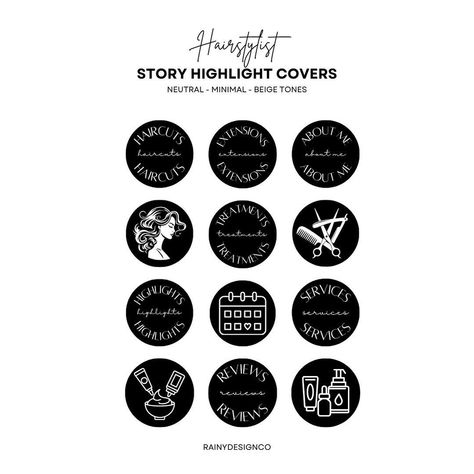 Check out these black and white highlight icon covers made for hairstylists and salon owners! Hairstylist Highlight Covers, Ig Highlight, Formal Hair, White Highlights, Neutral Aesthetic, Jpeg Images, Salon Owners, Instagram Highlight Covers, Hair Salons