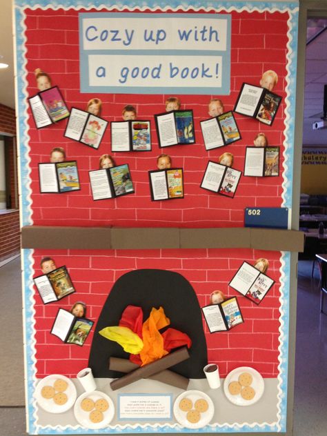 Heather McCarty • 46 weeks ago Here's my Winter Bulletin Board. The kids LOVE it.   Bulletin Board for January. Can be used to display students book reports. Book Report Bulletin Board, Winter Displays School, Book Review Bulletin Board, Cozy Up With A Good Book Bulletin Board, Holiday Bulletin Boards For Preschool, Book Door Decorations Classroom, Book Bulletin Board, December Bulletin Boards, Library Decorations