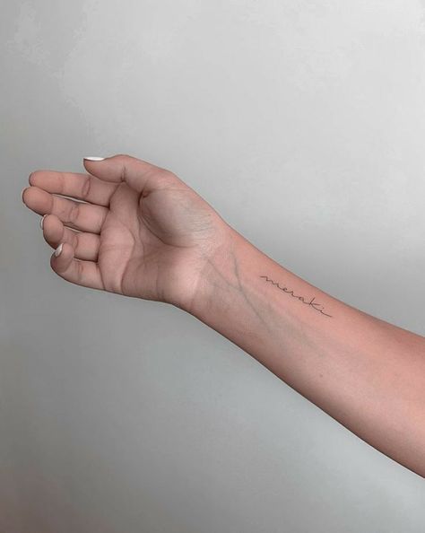 Fine Line Script Tattoo Arm, Fine Line Tattoo Handwriting, Fine Line Wrist Tattoo Words, Cursive Side Wrist Tattoo, Fine Line Tattoo On Wrist, Cursive Tattoo On Wrist, Script Wrist Tattoos For Women, Small Fine Line Tattoo Placement, Fine Name Tattoo