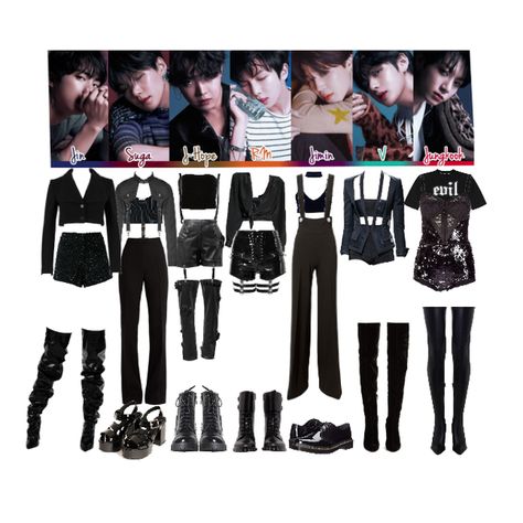 Fashion set [BTS] FAKE LOVE FEMALE INSPIRED OUTFIT SET created via Bts Concert Outfit Ideas, Bts Outfits Inspired, Blackpink Inspired Outfits, Kpop Outfits Inspiration, Kpop Inspired Outfits, Bts Fake Love, Bts Outfits, Bts Clothing, Kpop Concert Outfit