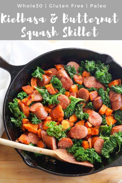 Butternut Squash Skillet, Kale Skillet, Butternut Squash And Kale, How To Cook Kielbasa, Easy Skillet Dinner, Quick Meals To Make, Best Easy Dinner Recipes, Frozen Butternut Squash, Kielbasa Sausage