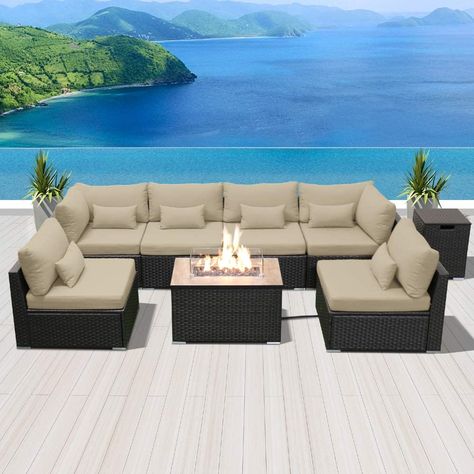 Dineli Patio Furniture Sectional Sofa with Gas Fire Pit Table Outdoor Patio Furniture Sets Propane Fire Pit (Light Beige-Rectangular Table) Modern Wicker Patio Furniture, Patio Furniture Sectional, Fire Pit Lighting, Outdoor Wicker Patio Furniture, Sectional Patio Furniture, Rectangular Fire Pit, Lounge Space, Propane Fire Pit Table, Furniture Sofa Set