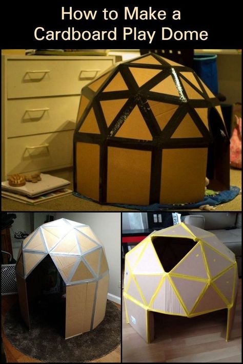 Cardboard Dome Diy, Cardboard Fort Ideas, Igloo Diy Cardboard, Cardboard Mountains Backdrop, Cardboard Projects For Kids, Igloo Diy, Playhouses Diy, Cardboard Box Playhouse Diy, Box Forts