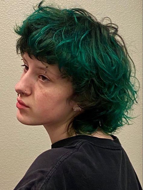 Teal Hair Men, Blue Layered Hair, Dark Green Short Hair, Dark Green Mens Hair, Green Dyed Hair Short, Curly Green Hair, Green And Black Short Fluffy Hair, Green Shaggy Hair, Green Dyed Hair