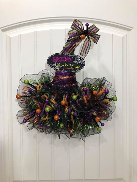 DIY Wreath Making Tutorial of 2 ways to decorate a Dollar Tree Witches Hat. You can find me on Facebook to watch me LIVE on Friday Nights at 5pm PDT, 7pm Central or 8pm EDT at https://www.facebook.com/KatsCreations777 or you can find my shop on Etsy at Etsy.com/shop/KatsCreations777 Handmade Witch Hat, Halloween Witch Hat Wreath, Scarecrow Hat, Halloween Front Door, Elf Wreath, Halloween Witch Wreath, Halloween Door Wreaths, Halloween Mesh Wreaths, Hat Wreath