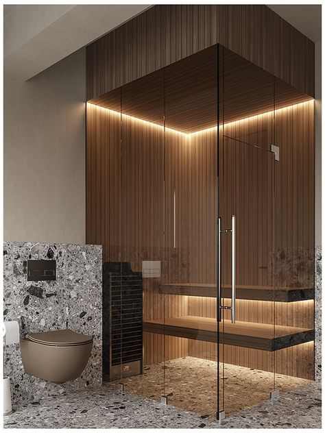 Home Spa Layout, Sauna Glass Wall, Small Sauna Design, Shower Ceiling Ideas, Sauna Interior Design, Sauna Aesthetic, African Bathroom, Sauna Bathroom Design, Modern Saunas