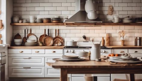 Open Shelving Ideas For Kitchens - Backyard Eden Decorative Plates Display, Wooden Shelf Design, Cozy Boho Living Room, Rustic Wooden Shelves, Cabin Kitchen, Small Kitchen Layouts, Shelving Ideas, Brick Backsplash, Cabin Kitchens