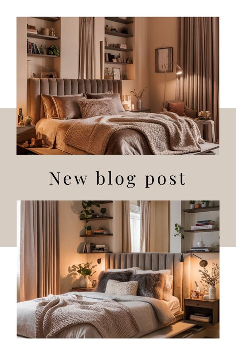 Cozy bedroom with plush pillows, soft lighting, and neutral tones, promoting a new blog post. Cozy Small Bedroom, Kitchen Tile Inspiration, Ensuite Bathroom Designs, Industrial Chic Kitchen, Compact Kitchen Design, Modern Bedroom Colors, Cozy Small Bedrooms, Chic Desk, Small Bedrooms