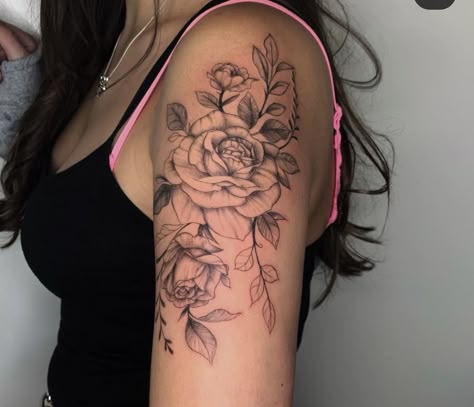 Rose Tattoo Upper Arm Women, Upper Arm Rose Tattoo, Rose Upper Arm Tattoo, Rose Shoulder Tattoos For Women, Rose Tattoo On Shoulder, Bday Tattoo, Upper Arm Tattoo, Tattoos 2022, First Tattoos