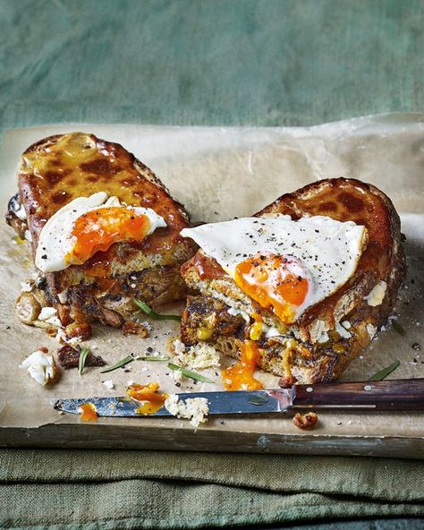 Mushroom welsh rarebit toastie with a fried egg | delicious. magazine Welsh Rarebit, Welsh Recipes, Vegetarian Nutrition, Croque Madame, Egg Recipe, Delicious Magazine, Recipes Delicious, Comfort Food Recipes, British Food