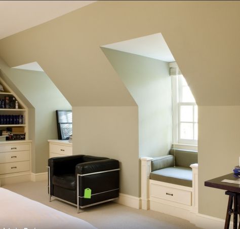 Window seats in dormers.  I like the idea, but I don't really like the way these look. Dormer Bedroom Ideas, Dormer Bedroom, Bedroom Window Seat, Dormer Window, Green Bedroom Walls, Shed Dormer, Dormer Windows, Attic Renovation, Attic Spaces