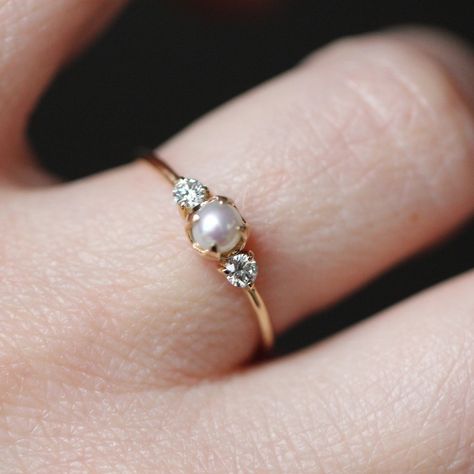 14K Gold Pearl Diamond Ring, Diamond Ring, Cluster Ring, 10K, Engagement Ring, Three Stone Ring, Pearl Ring, June Birthstone, Self Love Ring - Etsy Simple Pearl Wedding Ring, Gold Pearl Ring With Single Diamond For Wedding, Pearl Ring Designs, Vintage Pearl Ring, Pearl Diamond Ring, Minimalist Gold Pearl Ring With Single Diamond, Luxury Gold Dainty Pearl Ring, Delicate Yellow Gold Pearl Ring, 14k Gold Pearl Ring For Wedding, Fine Jewelry