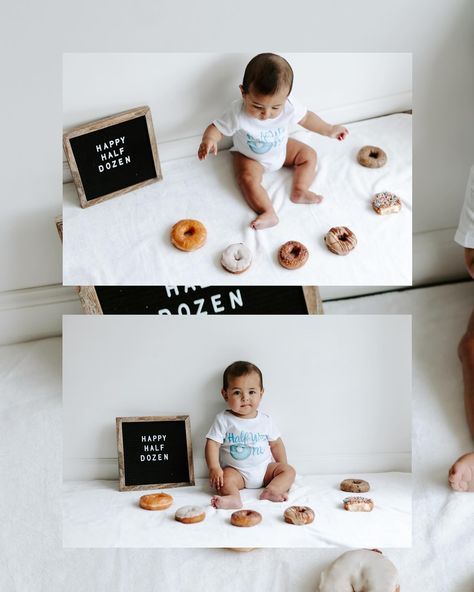 Happy Half Dozen 6 Months, Half Dozen Birthday Photo, Half Dozen Birthday, Outside Baby Pictures, Half A Dozen Donuts For 6 Months, Half Dozen Photo Shoot, Half Birthday Ideas For Boys Photoshoot, Happy Half Dozen, Donuts Photoshoot