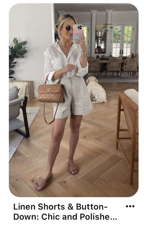 Tailored Linen Shorts Outfit, Shorts Linen Outfits, Women Linen Shorts Outfit, High Rise Tailored Shorts Outfit, Grey Linen Shorts Outfit, White Linen Bermuda Shorts Outfit, Linen Trouser Shorts Outfit, White Linen Shorts Outfit Chic, Tan Linen Shorts Outfit Summer