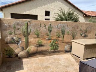 Desert Wall Painting, Block Wall Mural Backyard, Tucson Backyard Ideas, Paint Cinder Block Wall Outdoor Murals, Western Mural Ideas, Exterior Mural Wall, Painting Block Walls Outdoor, Outdoor Wall Mural Ideas, Wall Painting Ideas Creative Outdoor