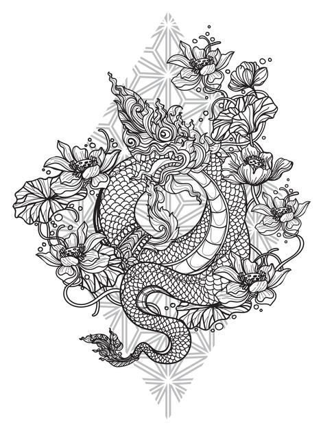 Tattoo art thai dragon flower hand drawi... | Premium Vector #Freepik #vector #background #pattern #ornament #animals Thai Naga Tattoo, Thai Dragon Tattoo, Flower Hand Drawing, Thai Dragon, Sketch Black And White, Vector Tattoo, Dragon Flower, Mandala Tattoos, Sak Yant Tattoo