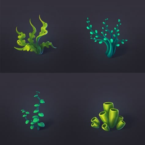 2d concept art for casual game. game art, object, props, plants, mobile game. Plants Concept Art, Game Design Illustration, Ocean Games, Ocean Plants, 2d Concept Art, Artifact Art, Underwater Plants, Environment Props, Sea Plants