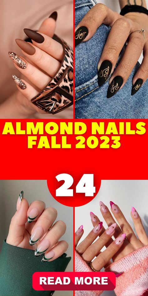 Step into the new season with confidence and style with these captivating almond nail ideas for fall 2023. Discover an array of designs, from short and playful to elegant and sophisticated. Embrace the autumn vibes with dark and rich shades, or add a pop of color with cute brown and green options. These almond nails will effortlessly transition your look to the cozy and fashionable season. Almond Nails Designs Fall 2023, Almond Nails Fall, Nail Ideas For Fall, Almond Nail Ideas, Fall Almond Nails, Almond Shaped Nails Designs, November Nail Designs, Almond Acrylic Nails Designs, Short Almond Nails