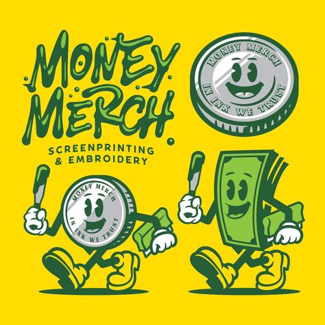 Duffy Design Co on Instagram: “Working on some new designs for the legends at @money.merch . . . #logo #mascot #mascotlogo #logomarks #logotoons #illustration…” Money Design Art Creative, Money Art Design, Mascot Sketch, Money Character, Money Design Art, Brand Mascot, Mascot Illustration, Green Branding, Logo Mascot