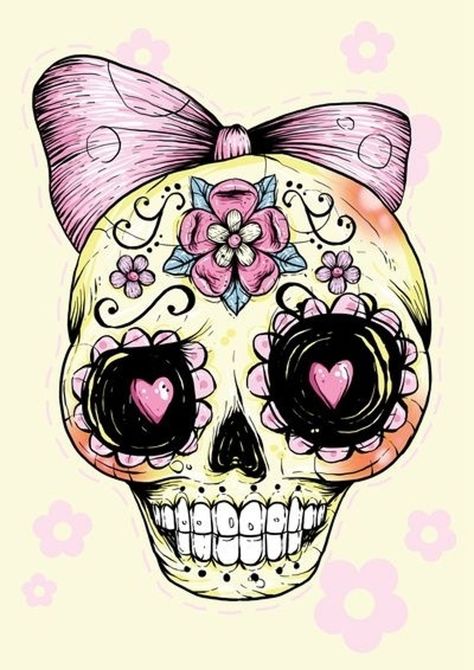 2. Cute and #Girly - 29 Downright #Awesome Sugar Skulls You're #Going to Love ... → #Lifestyle #Skulls Sugar Skull Illustration, Yellow Art Print, Day Of The Dead Art, Sugar Skull Tattoos, Art Beat, Geniale Tattoos, Candy Skulls, Skull Illustration, Sugar Skull Art