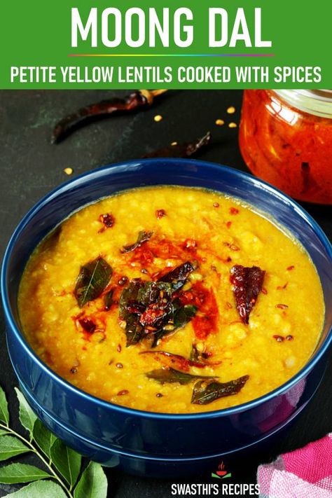 Moong dal recipe - Try this protein rich and nutritious dish made with petite yellow lentils, onions, tomatoes, tempering spices and curry leaves. Recipe with stovetop and instant pot instructions. #dal #lentils #indianfood #vegan #dinner #moongdal Recipes Filipino, Food Filipino, Moong Dal Recipe, Red Lentil Recipes, Dhal Recipe, Indian Breads, Food Thai, Indian Dinner Recipes, Plain Rice