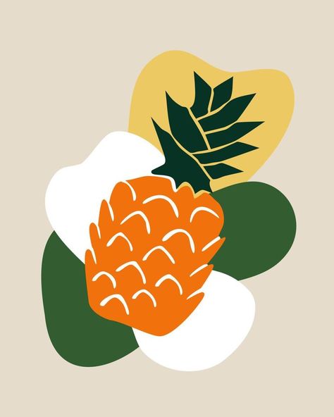 Hand drawn vector illustration pineapple with abstract shapes background. Exotic tropical fruit in simple boho minimalism style. Design element for invitations, greeting cards, posters Pineapple Poster Design, Pineapple Illustration Design, Brand Exploration, Boho Minimalism, Simple Vector Illustration, Pineapple Illustration, Shapes Background, Tropical Illustration, Minimalism Style