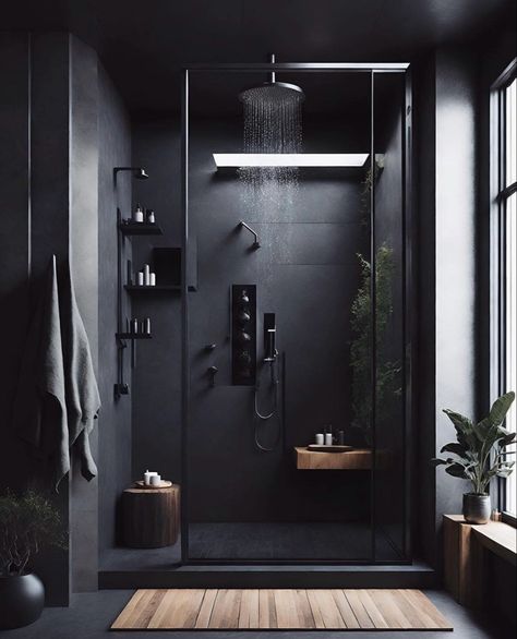 Dream Bathrooms Luxury Master Bath, Feature Wall Bathroom, Luxury Bathroom Ideas, Dark Bathroom Ideas, Black Feature Wall, Modern Luxury Bathroom, Dark Bathrooms, Architecture Bathroom, Bathroom Decor Luxury