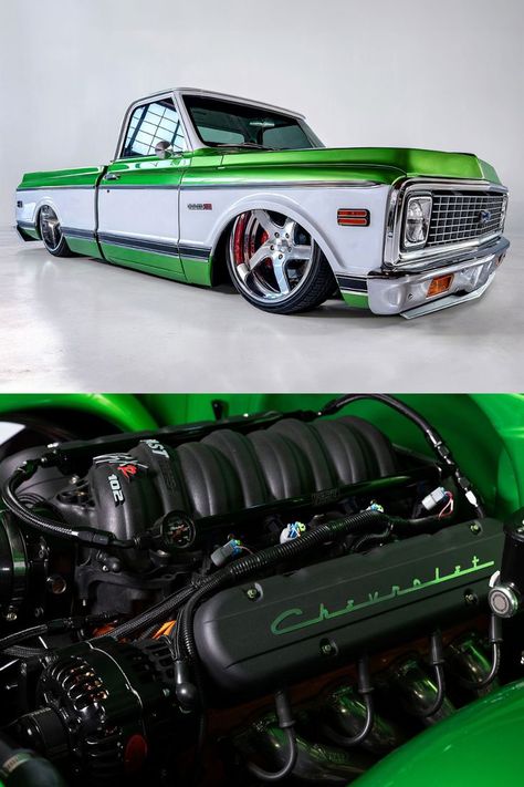 How 'bout THEM apples? Finished in Bentley Apple Green and Linen White with a fuel-injected LSX 6.0-liter V8 engine under its hood, this custom 1971 Chevrolet C10 pickup is sure to turn some heads at the 2024 Scottsdale Auction. It will be selling with No Reserve, January 20-28 at WestWorld. Custom Bentley, Classic Cars Trucks Chevy, Concept Cars Vintage, Lowrider Trucks, Dropped Trucks, Vintage Pickup, Lowered Trucks, Air Bags, C10 Chevy Truck