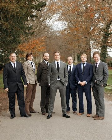 Non-matching wedding party suits > matching wedding party suits (Except for the dude wearing black) Mismatched Groomsmen, Groomsmen Grey, Groomsmen Looks, Thanksgiving Wedding, Wedding Party Shirts, Rustic Wedding Diy, Wedding Groomsmen, Countryside Wedding, Martha Stewart Weddings