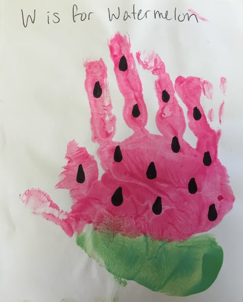 Letter W handprint craft Letter Handprint Craft, Watermelon Footprint, Hand Alphabet, Letter W Crafts, Handprint Alphabet, Preschool Artwork, Ant Crafts, Craft Handprint, Fingerprint Art