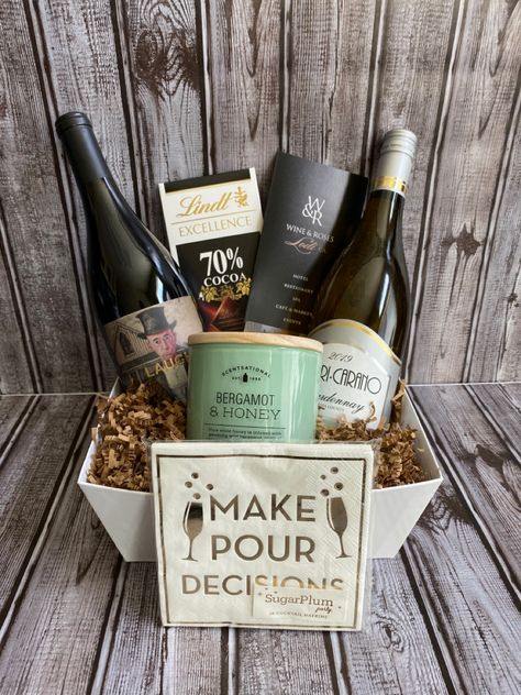 Wine, chocolate, giftcard and candle Wine And Spa Gift Basket, Wine And Chocolate Gift Basket, Wine And Chocolate Gift, Xmas Gift Baskets, Basket Wrapping, Fundraiser Baskets, Raffle Basket Ideas, Thank You Baskets, Wine And Chocolate