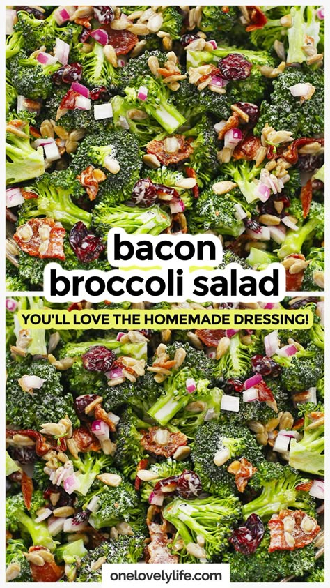 Our paleo broccoli salad recipe combines fresh broccoli, crispy bacon, delicious mix-ins and a tangy homemade broccoli salad dressing you'll LOVE. This classic broccoli salad is always a hit at potlucks and picnics, and it's one of our most popular BBQ side dishes. Get the recipe for this broccoli salad with bacon and more summer side dish recipes to try at One Lovely Life Broccoli Salad Dressing, Paleo Broccoli Salad, Broccoli Salad Recipe Easy, Broccoli Bacon Salad Recipe, Paleo Broccoli, Bacon Side Dishes, Broccoli Bacon Salad, Healthy Potluck, Broccoli Salad With Bacon