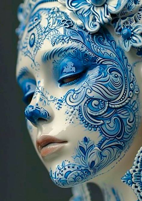 Pixel Tattoo, Fantasy Queen, Glass Dolls, Model Paint, Masks Art, Realism Tattoo, Figurative Sculpture, Interesting Faces, Delft