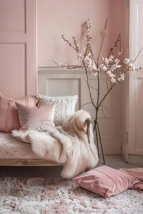 Modern Pink Room, Pink Room Interior, Paint Walls, Pink Diy, Trendy Nail Designs, Wall Paneling Diy, Velvet Furniture, Pink Throws, Pink Throw Pillows