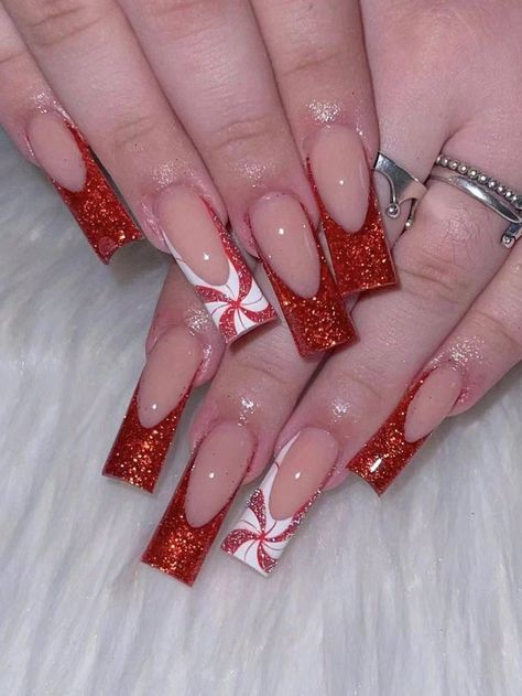 24pcs Christmas Red & White Glitter Full Cover Pearl Nail Art Set For Decorating Your Fingers, Great For Christmas Parties, Dance Parties And Home Gatherings Pearl Nail Art, Glitter French Tips, Long Press On Nails, Nagel Tips, Nail Art Set, Pearl Nails, Stick On Nails, Christmas Nail, Nail Shapes