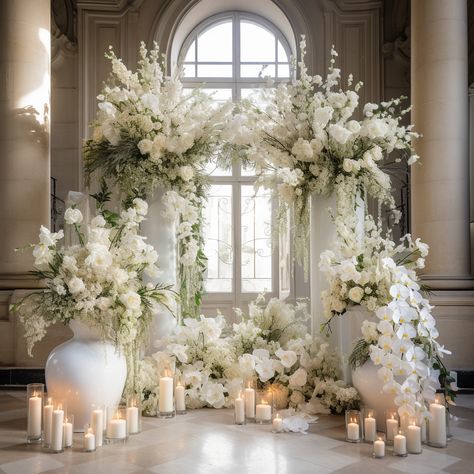 GALLERY Christmas Wedding Flowers, Wedding Pillars, White Wedding Arch, Wedding Arch Ideas, Flower Backdrop Wedding, Destination Wedding Decor, Wedding Reception Backdrop, Lights Wedding Decor, Bridal Expo