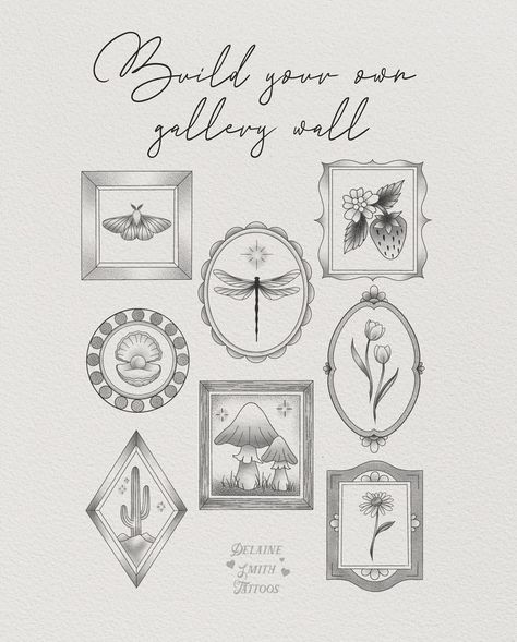 Build your own gallery wall tattoo! Which combos would you choose?? 🖼️✨ Gallery Wall Tattoo, Tiny Tats, Portrait Tattoos, Aesthetic Era, Cottage Witch, Wall Tattoo, Shop Wall, Pet Portrait, Build Your Own