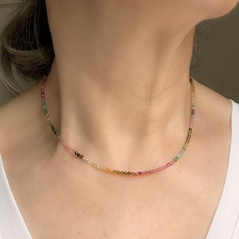 14k gold-filled minimal colorful rainbow Tourmaline beaded necklace Beaded Necklace And Bracelet, Rainbow Tourmaline, Feel Empowered, Wearing Jewelry, Keep Watching, Tourmaline Beads, Necklace And Bracelet, Colorful Rainbow, Pearl Gemstone