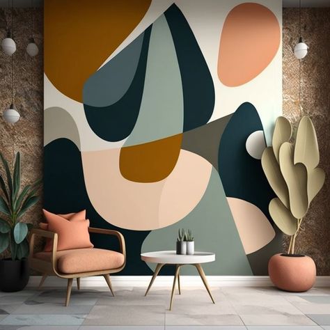 External Wall Painting Ideas, Midcentury Modern Accent Wall, Bar Murals, Modern Teen Boy Bedroom, Clean Living Room, Bedroom Summer, Flowers For Beginners, Interior Murals, Modern Mural