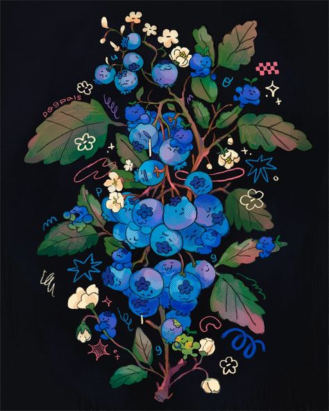 Arte Inspo, Plant Art, Art Block, Funky Art, Botanical Illustration, Botanical Art, Blueberries, Pretty Art, Frogs